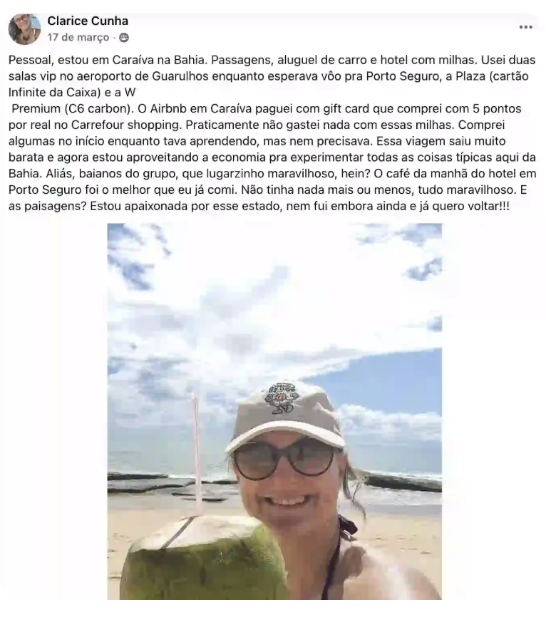 Depoimento Clarice Cunha - viagem para Caraíva com milhas